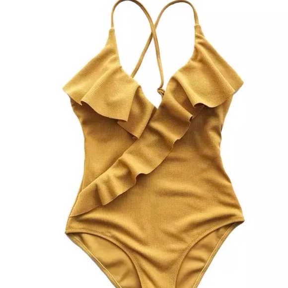 CUPSHE Yellow Solid One-piece Swimsuit Falbala V neck Ruffle Sexy Monokini 2022 - Picture 5 of 9